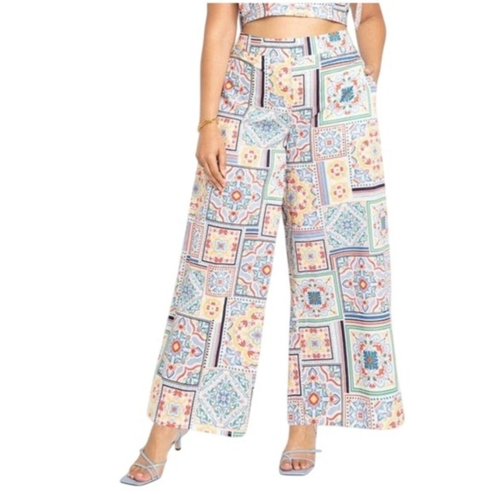 Eloquii Tile Print Wide Leg Pants Multi Color Cotton High Rise Size 16 NEW